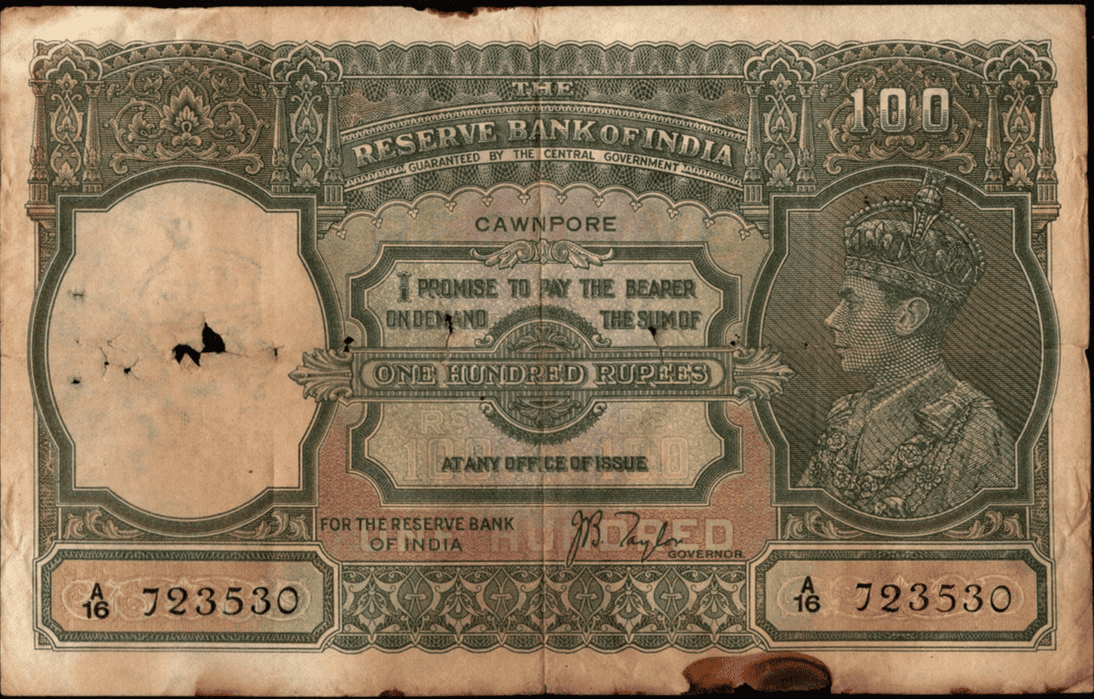 Rs 100 kgvi CAWNPORE british india note